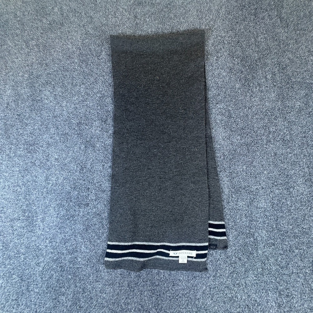 Dockers Knit Scarf Mens One Size Gray Black Striped Logo Acrylic Winter Wear
